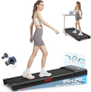 TRAILVIBER Walking Pad Treadmill with 12% 9-Level Auto Incline, 450 lbs Capacity RGB LED Screen, Bluetooth Speaker Under Desk Treadmill, Compact Treadmills for Home Hiking