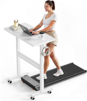 WALKINGDESK Mobile Walking Pad Desk with Wheels, Pneumatic Small Rolling Standing Desk Riser Height Adjustable (28-43.7") for Treadmill, Portable Computer Table for Home Office, White